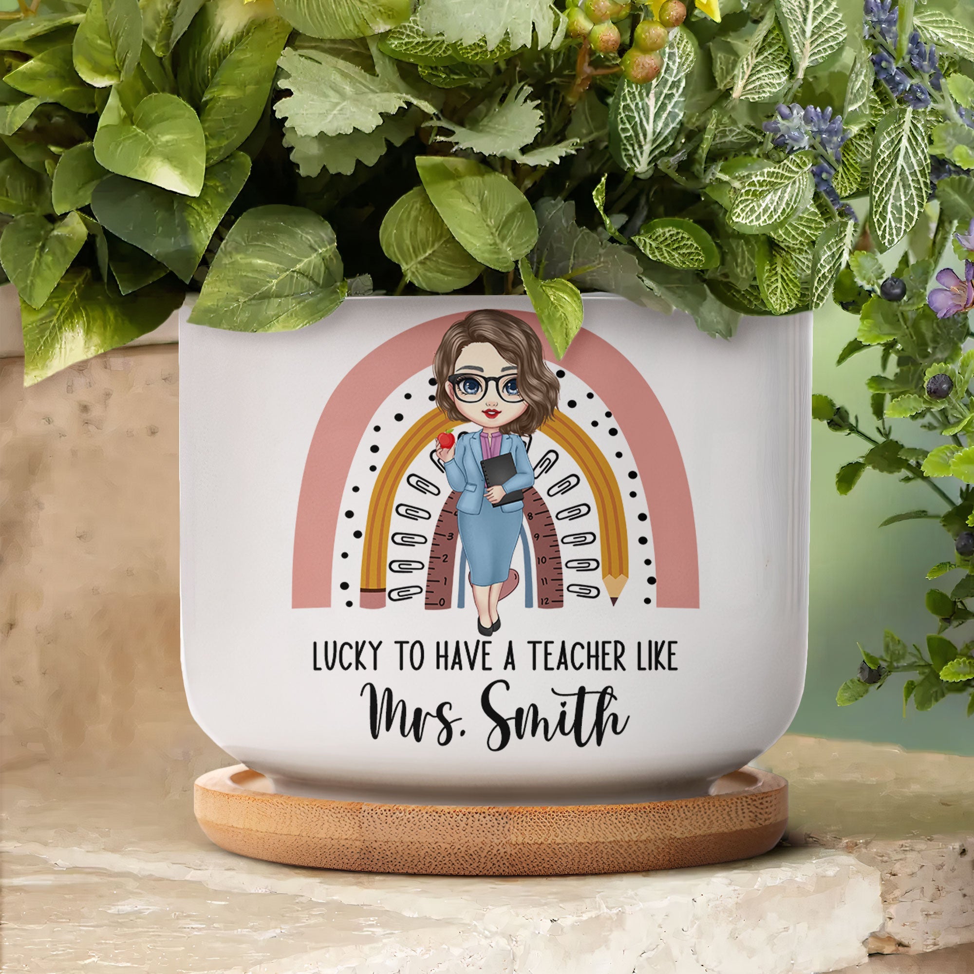 Lucky To Have A Teacher Like You - Personalized Ceramic Plant Pot With Tray
