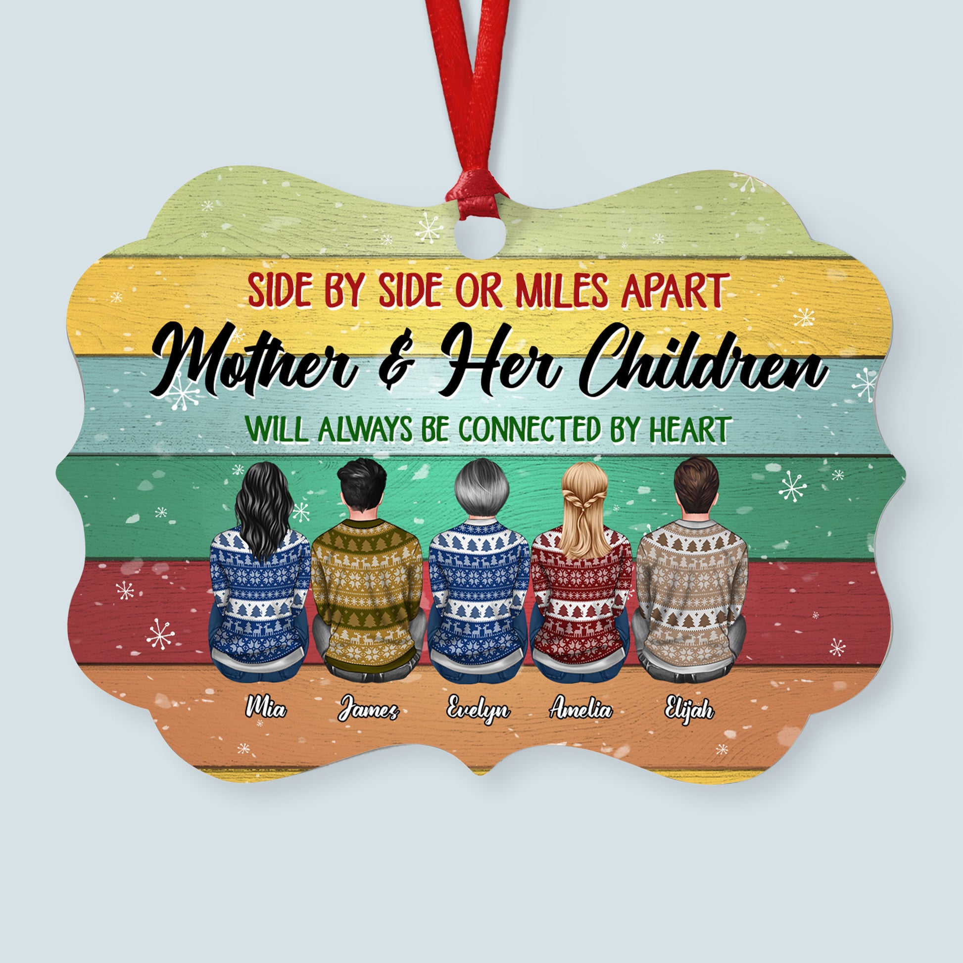 Mother And Her Children Will Always Be Connected By Heart - Personalized Aluminum Ornament - Christmas Gift Mother Ornament For Dad, Mom - Ugly Christmas Sweater Sitting