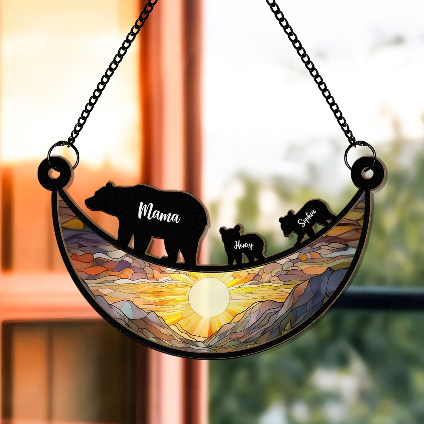 Mama Bear On The Moon - Personalized Window Hanging Suncatcher Ornament