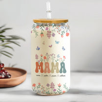 Mama Grandma Mimi Gigi Floral With Kids Names - Personalized Clear Glass Cup