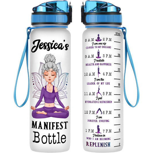 Manifest Bottle - Personalized Water Tracker Bottle - Birthday, Motivation Gift For Yoga Girl, Yoga Lover