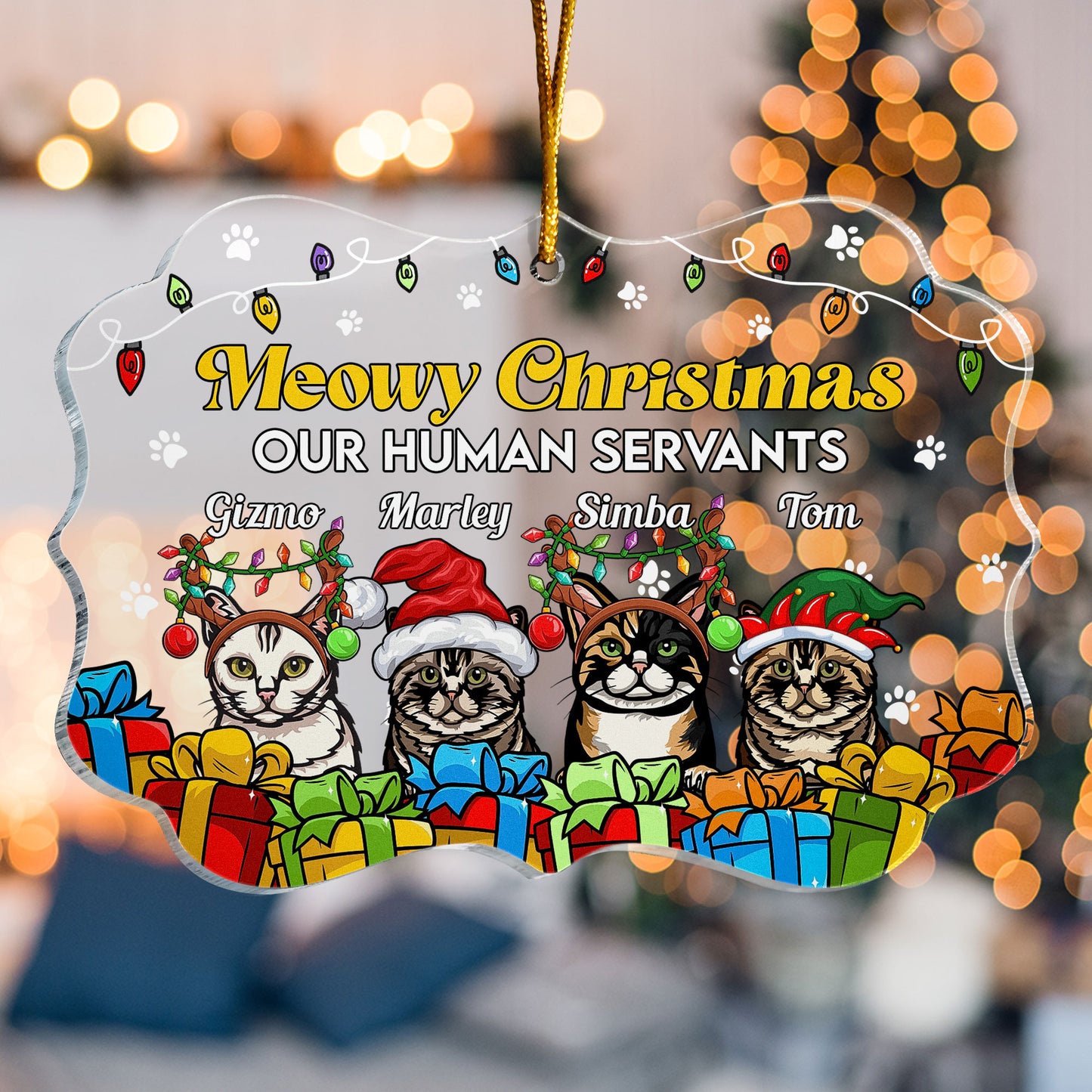 Meowy Christmas Our Human Servants - Personalized Acrylic Ornament - Christmas Gift For Family, Cat Parents, Cat Lovers, Cat Owners, Cat Mom, Cat Dad