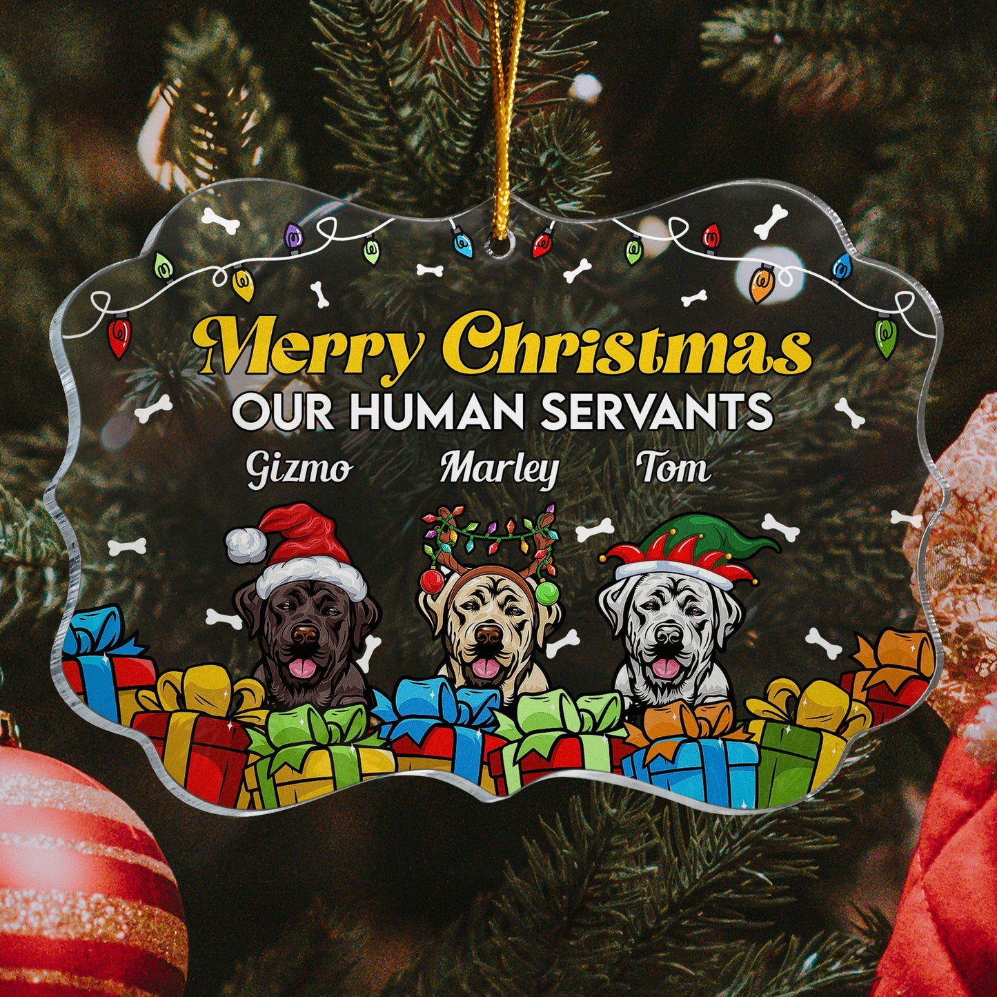 Merry Christmas Our Human Servants - Personalized Acrylic Ornament - Christmas Gift For Family, Dog Parents, Dog Lovers, Dog Owners, Dog Mom, Dog Dad