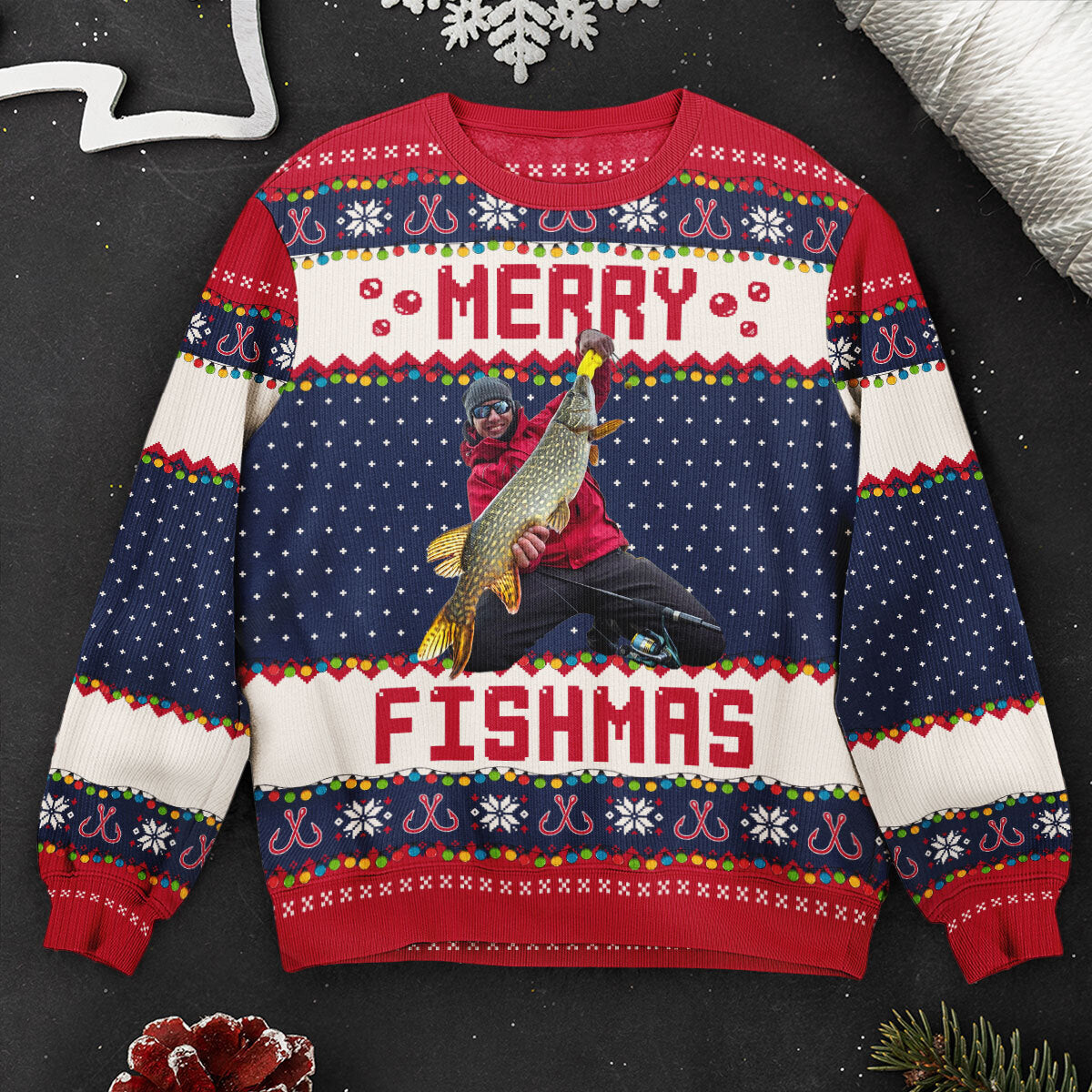 Merry Fishmas For Fishing Dad, Grandpa - Personalized Ugly Sweater