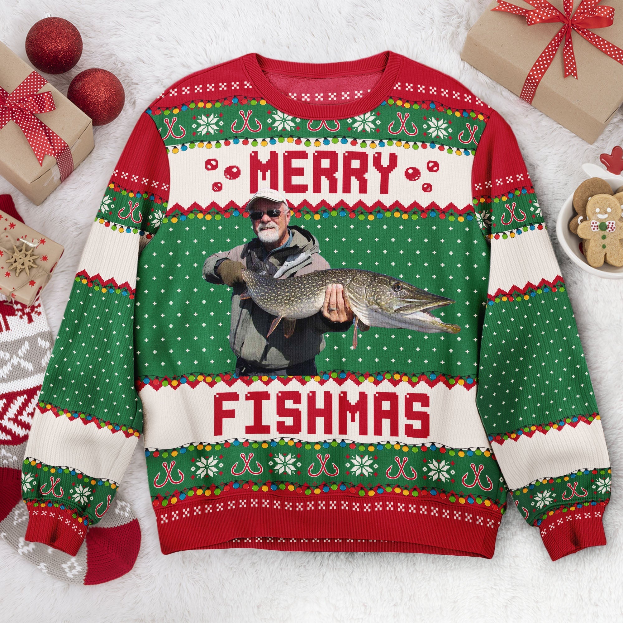 Merry Fishmas Gift For Fishing Lovers Personalized Photo Ugly Sweater Macorner