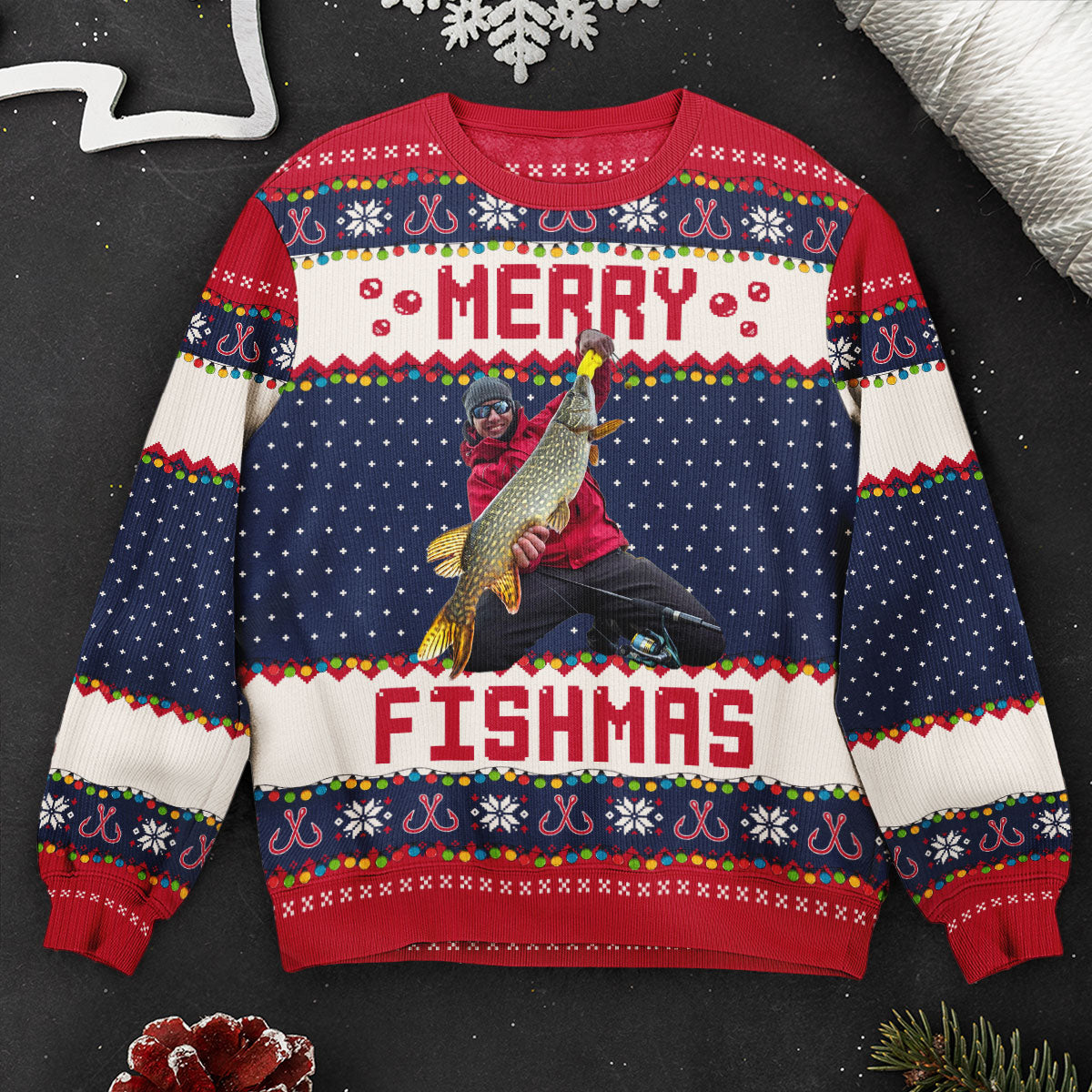 Merry Fishmas Gift For Fishing Lovers - Personalized Photo Ugly Sweater