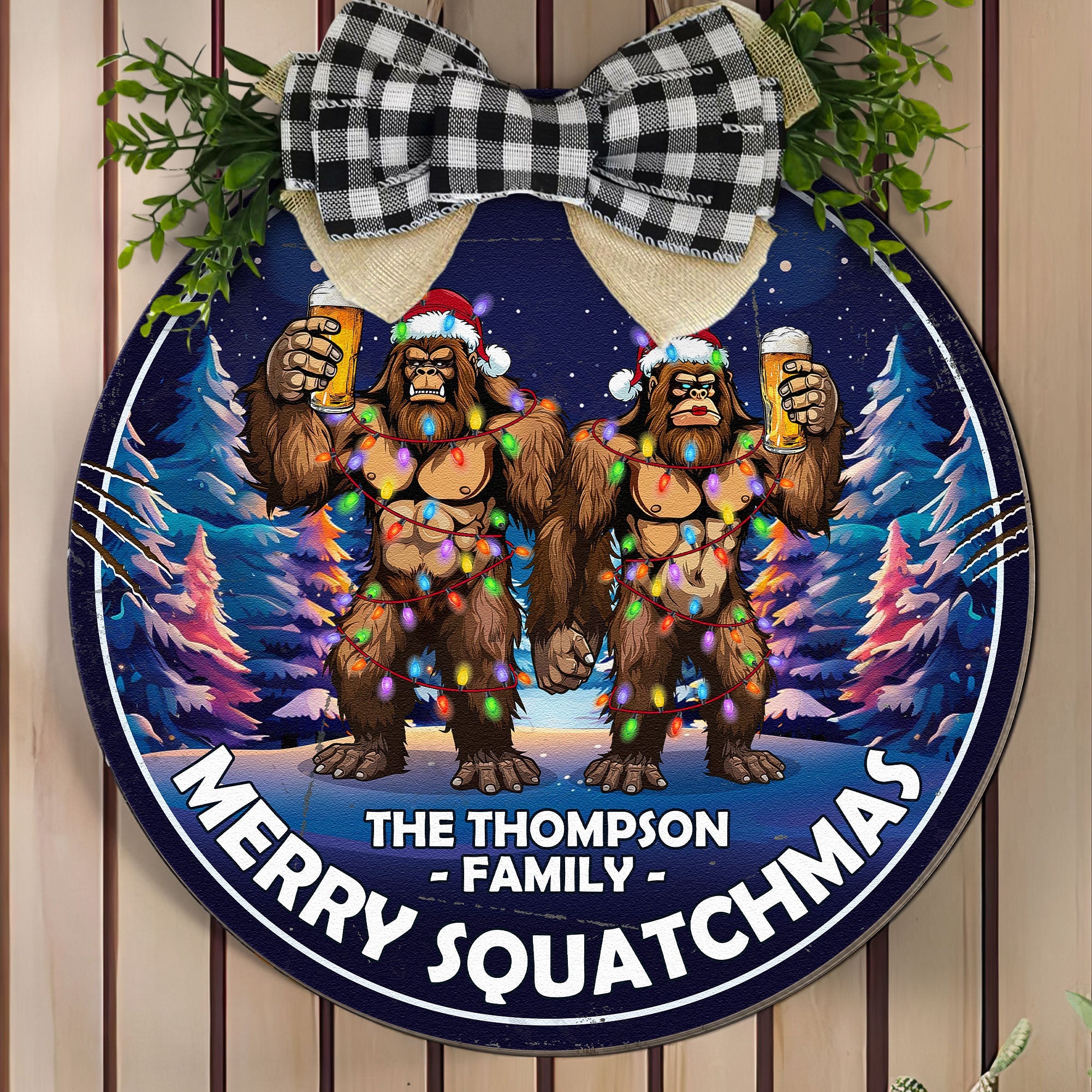 Merry Squatchmas Bigfoot Camping Christmas - Personalized Wood Wreath