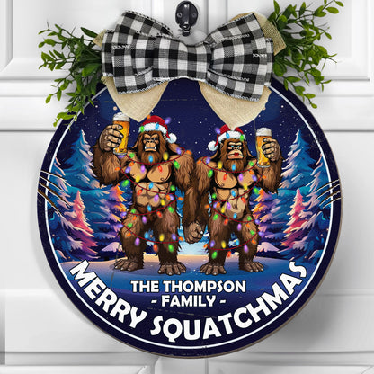 Merry Squatchmas Bigfoot Camping Christmas - Personalized Wood Wreath