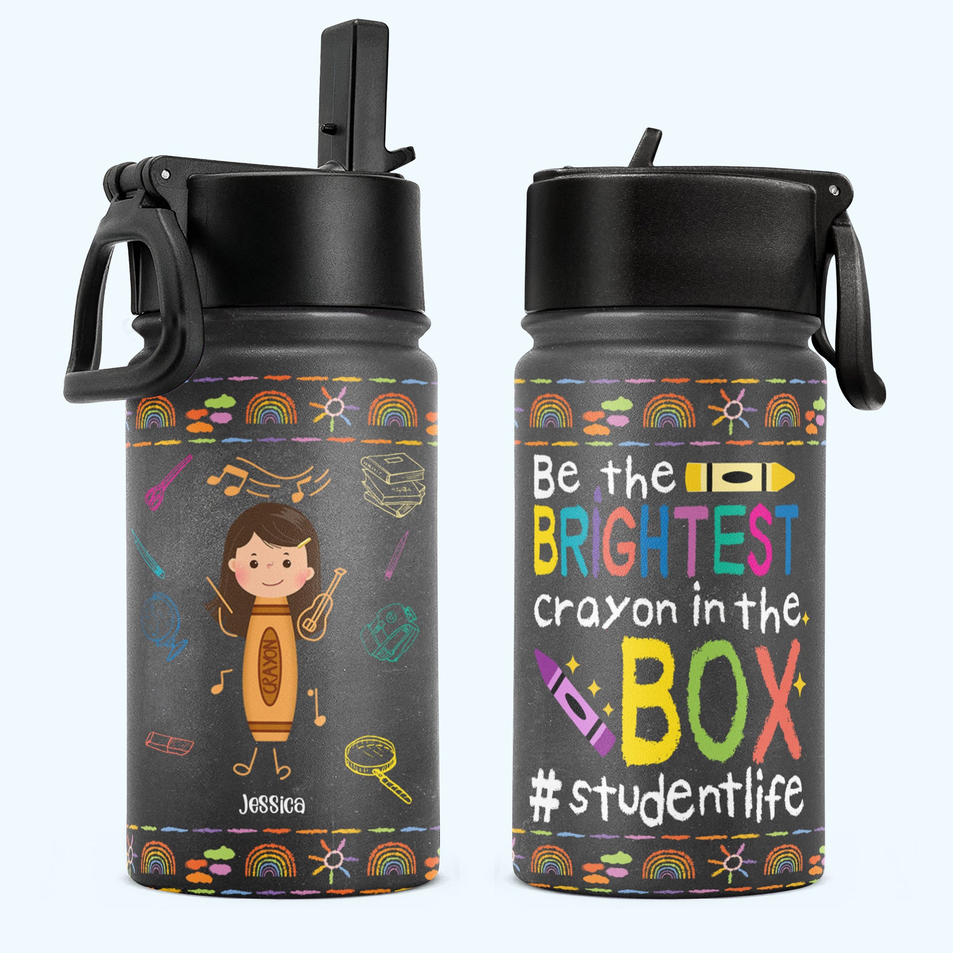 Brightest Crayon In The Box - Personalized Kids Water Bottle With Straw Lid - Back To School, Birthday Gift For Student, Kids, Schoolkids, Son, Daughter - Crayon Kid