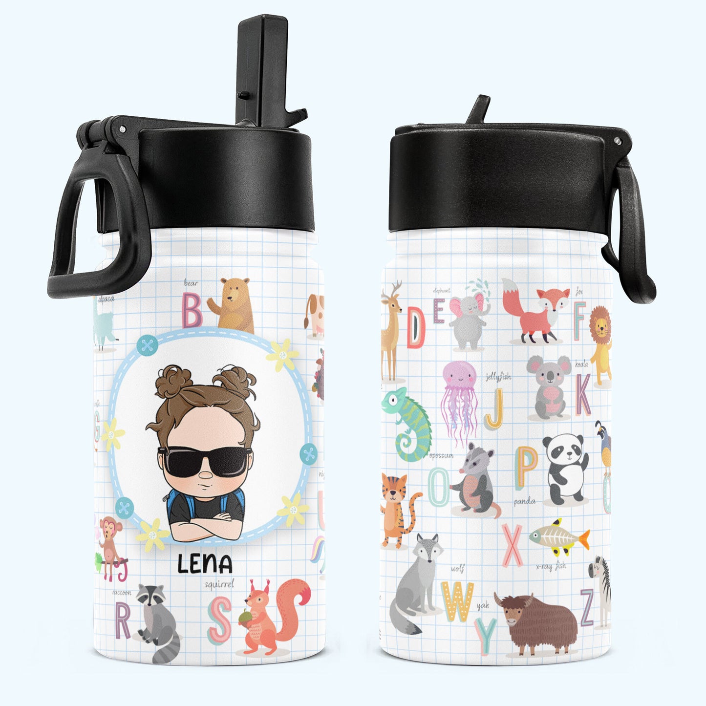 Animal Alphabet  - Personalized Kids Water Bottle With Straw Lid