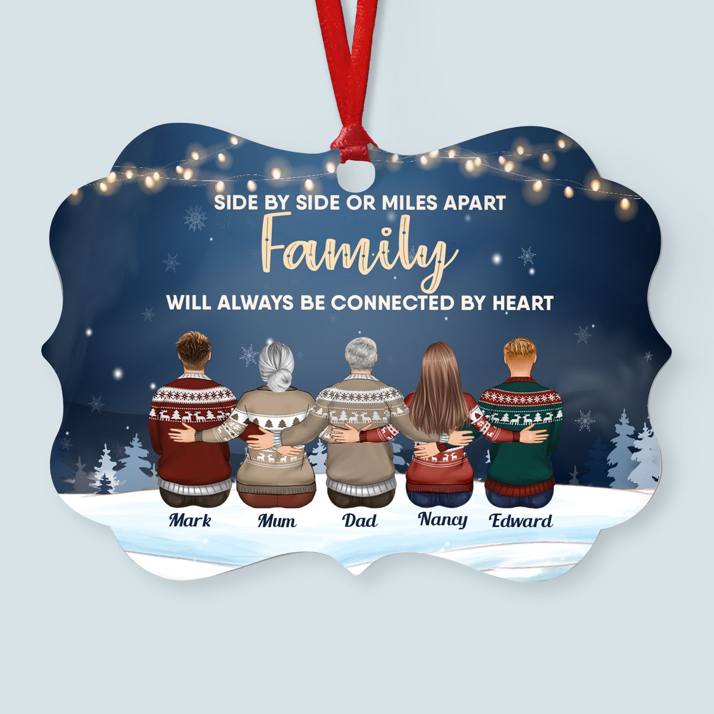 Family Connected By Heart - Personalized Aluminum Ornament - Family Hugging
