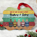 Side By Side Or Miles Apart - Personalized Aluminum Ornament - Christmas Gift For Brothers, Sisters - Ugly Christmas Sweater Sitting