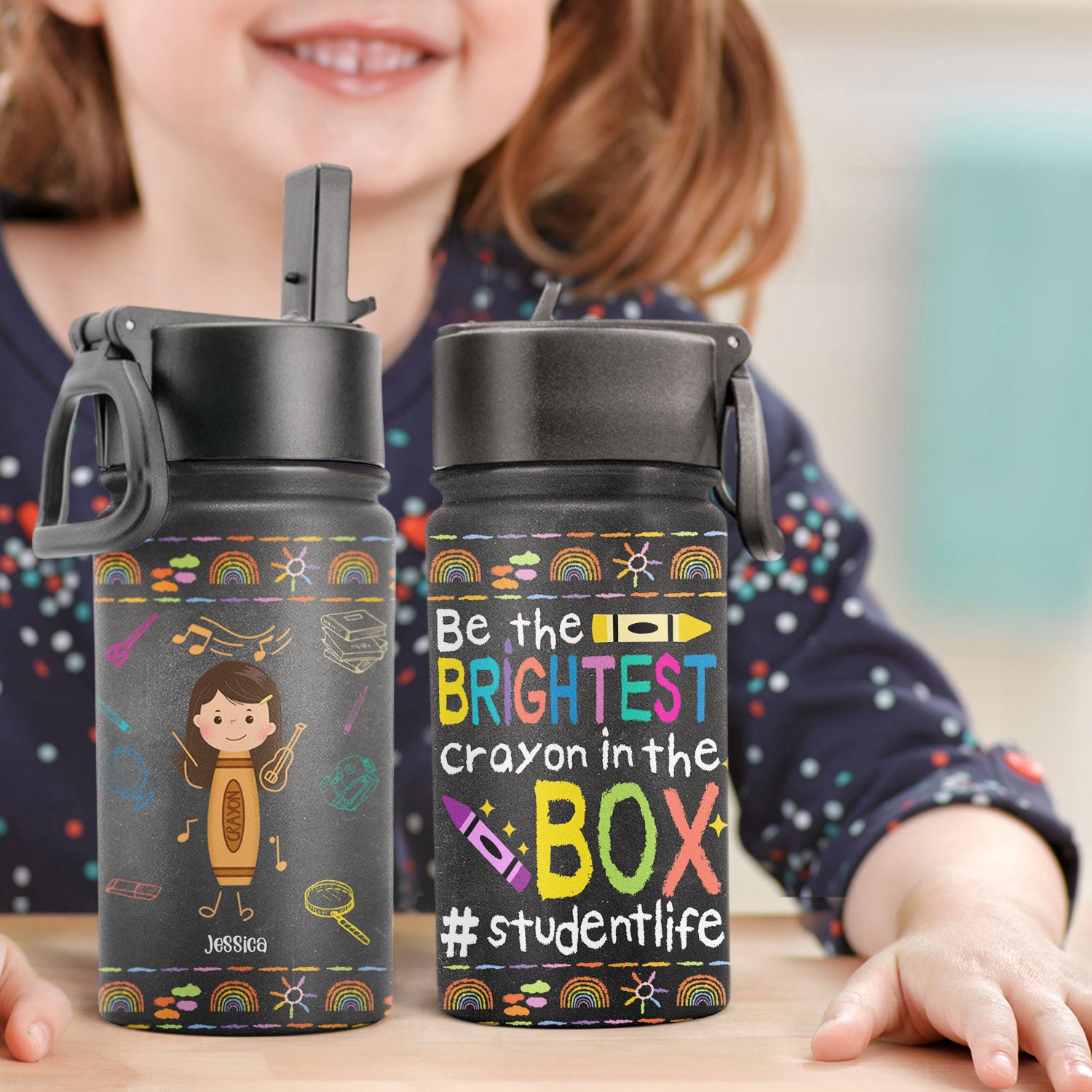 Brightest Crayon In The Box - Personalized Kids Water Bottle With Straw Lid - Back To School, Birthday Gift For Student, Kids, Schoolkids, Son, Daughter - Crayon Kid