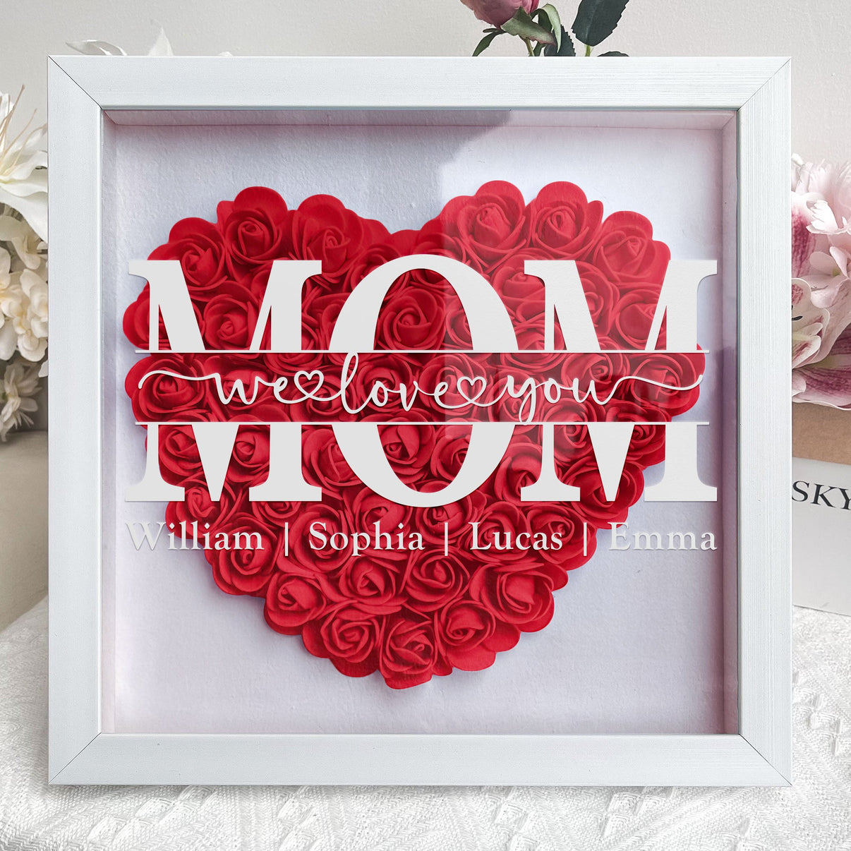 Mommy We Love You - Personalized Heart Flower Shadow Box