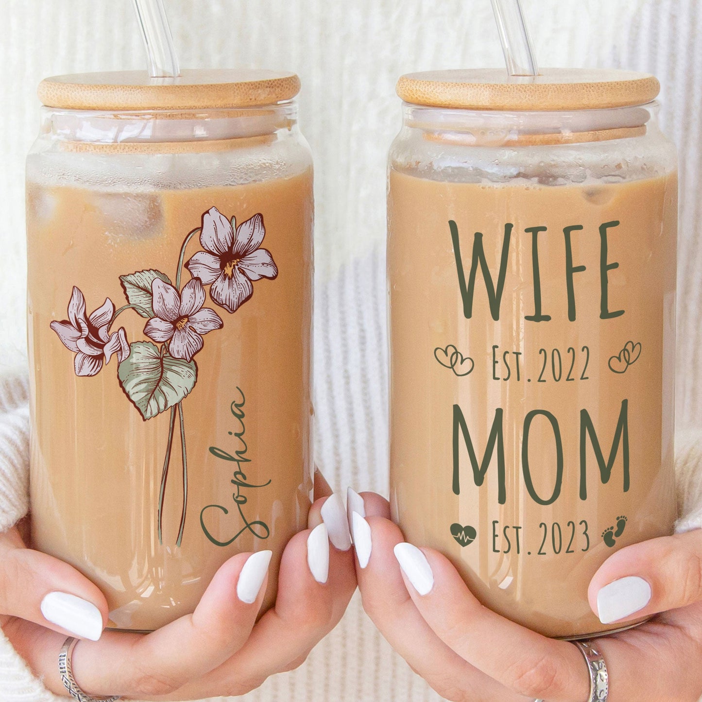 Mom Wife Est Birthday Flower Custom Month - Personalized Clear Glass Can