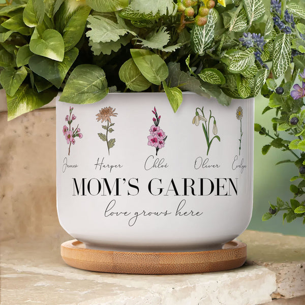 mom plant pot Mom's Garden Love Grows Here Custom Birthflower
