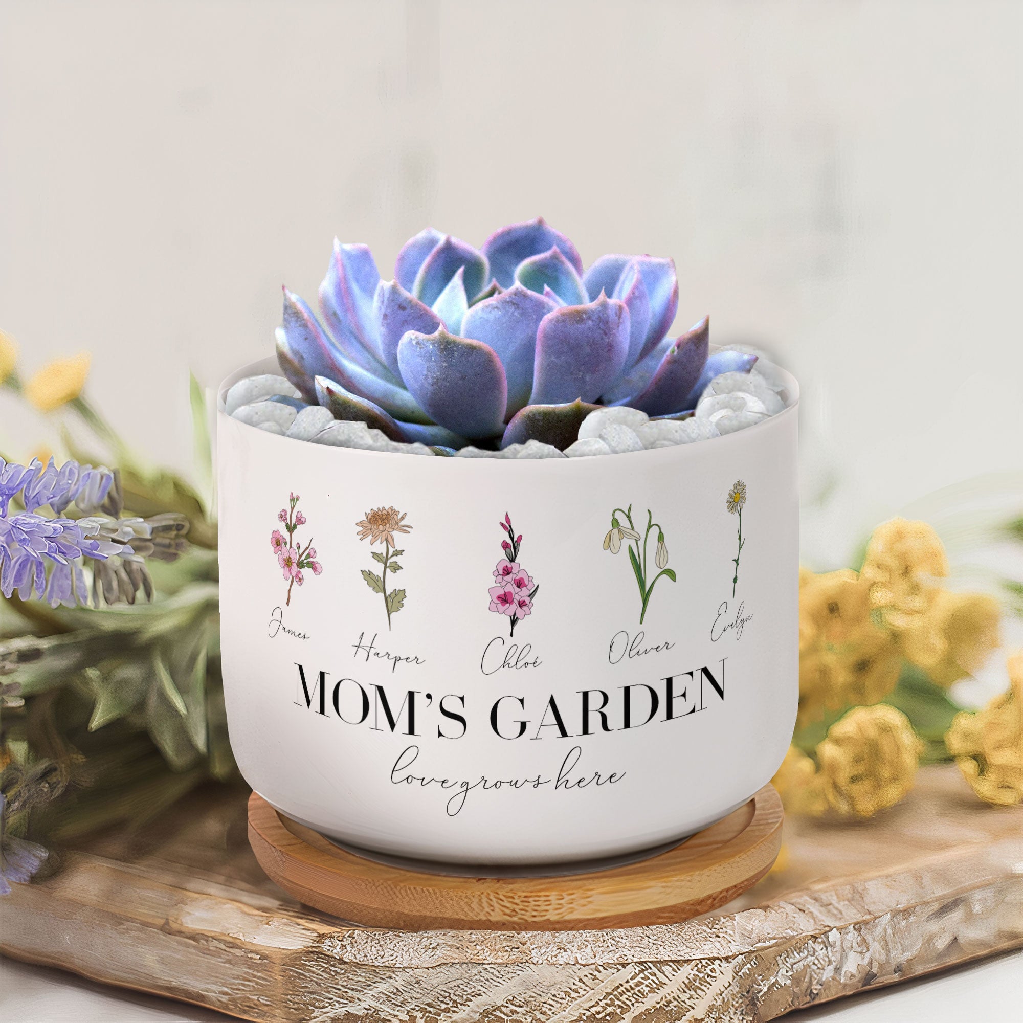 Mom's Garden Love Grows Here Custom Birthflower - Personalized Ceramic Plant Pot With Tray