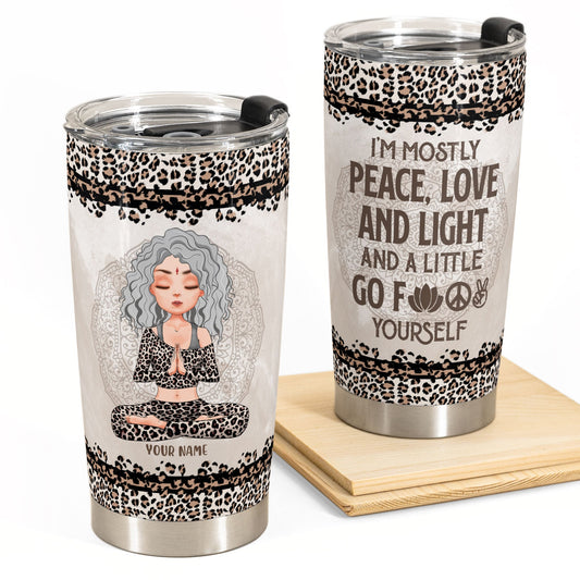 Mostly Peace Love And Light - Personalized Tumbler Cup - Birthday Gift For Yoga Lover - Leopard Pattern Design