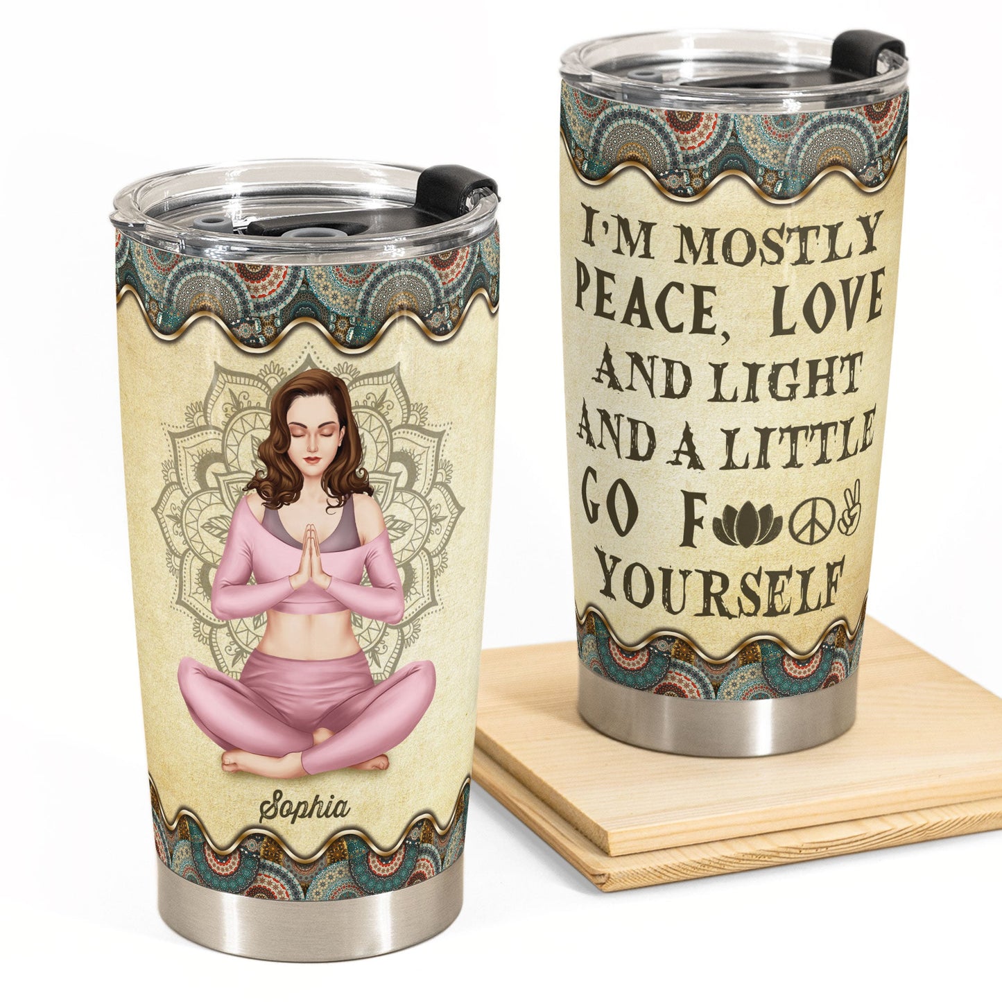 Mostly Peace Love And Light - Personalized Tumbler Cup - Birthday, Motivation Gift For Yoga Lover