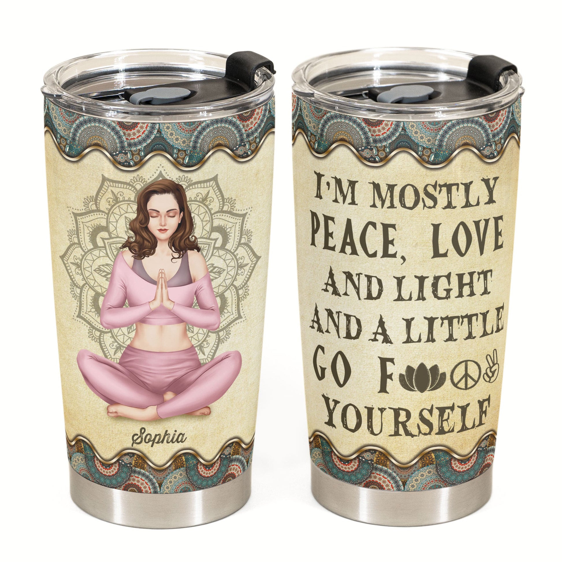 Mostly Peace Love And Light - Personalized Tumbler Cup - Birthday, Motivation Gift For Yoga Lover