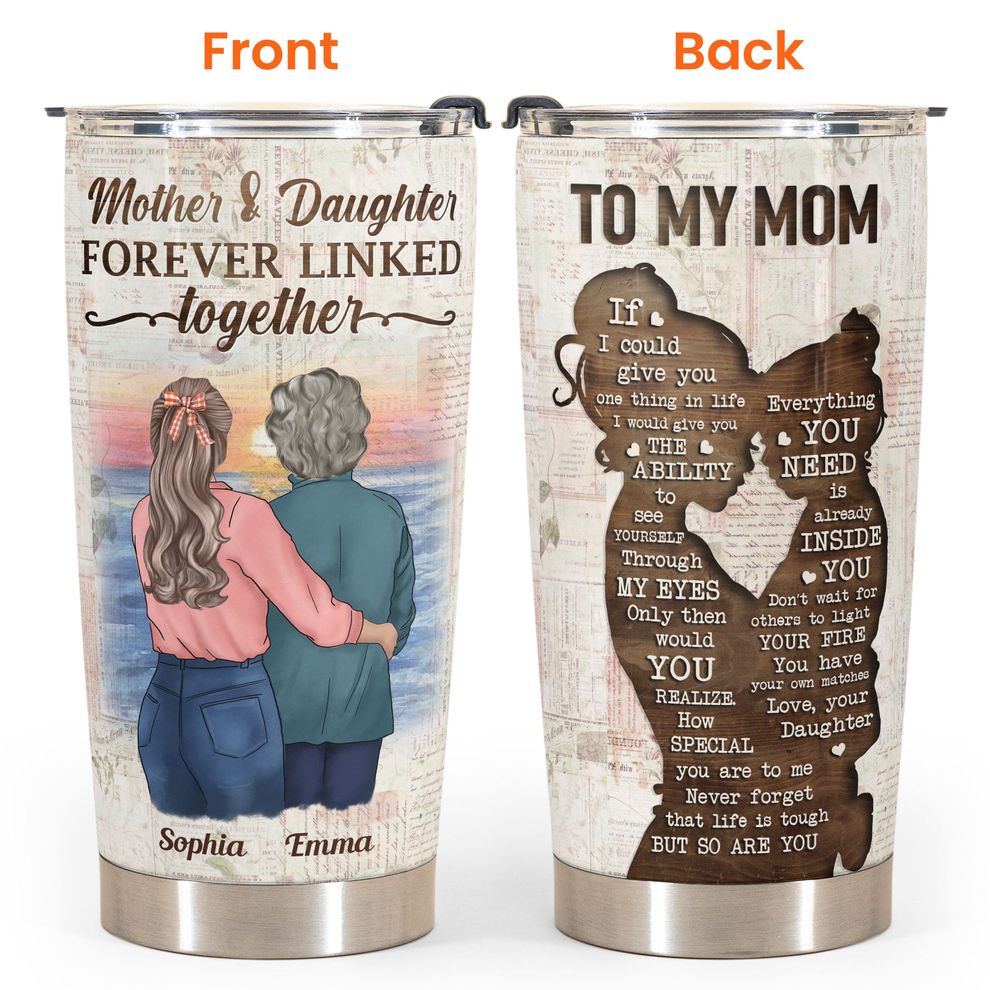 Mother And Daughter Forever Linked Together - Personalized Vintage Tumbler Cup - Birthday, Christmas Gift For Mother, Mom, Mama