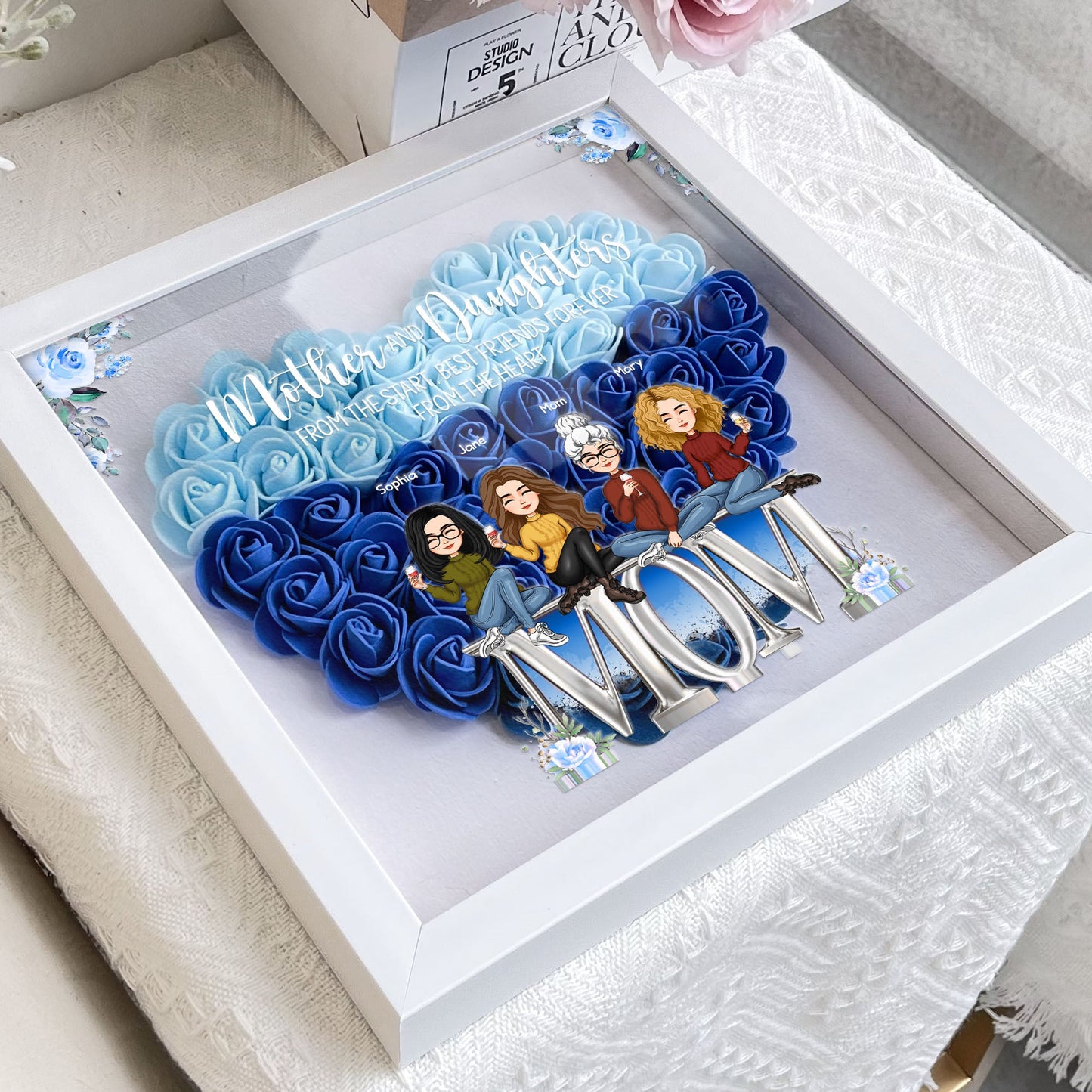 Mother And Daughters Best Friends From The Heart - Personalized Flower Shadow Box