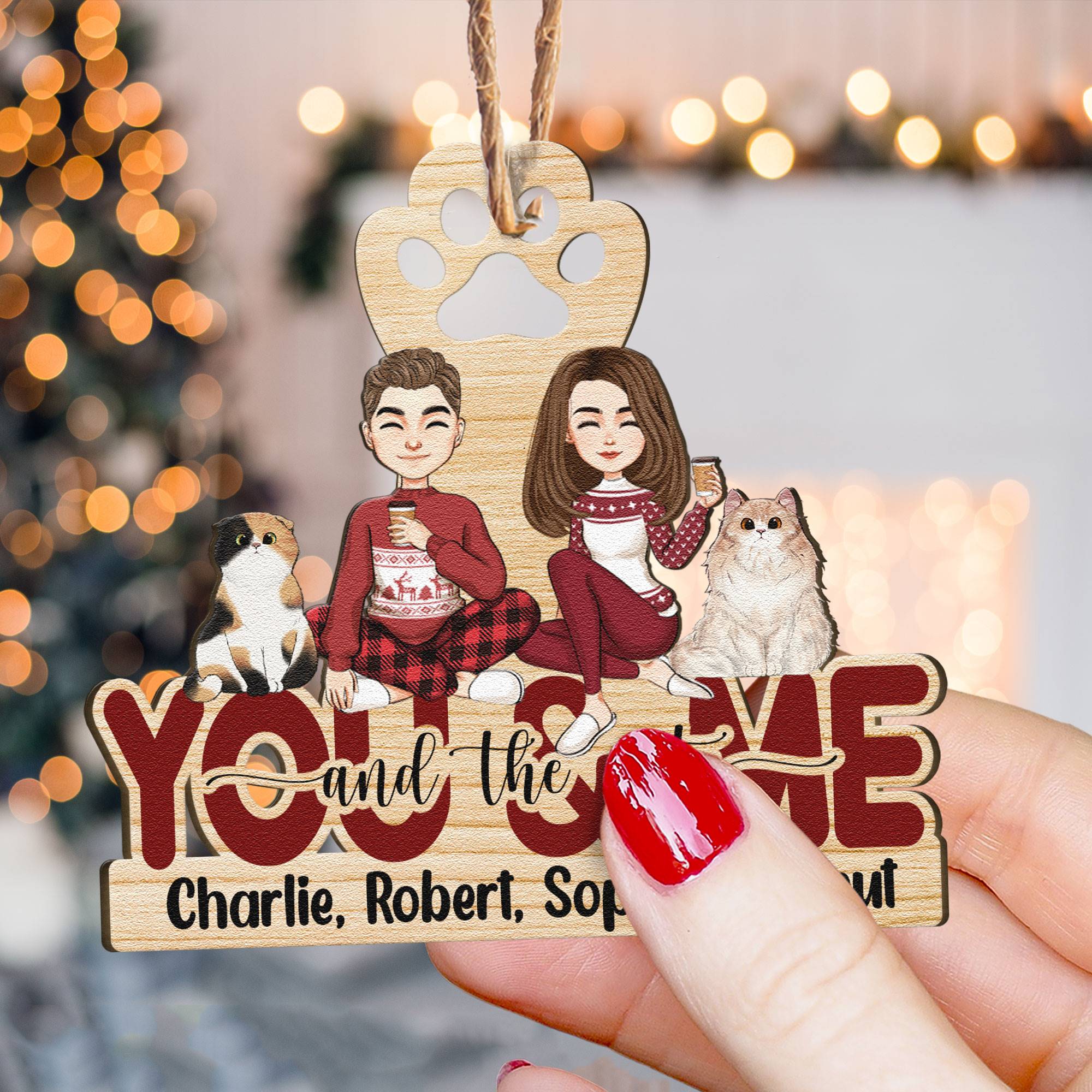 You & Me And The Cats - Personalized Custom Shaped Wooden Ornament