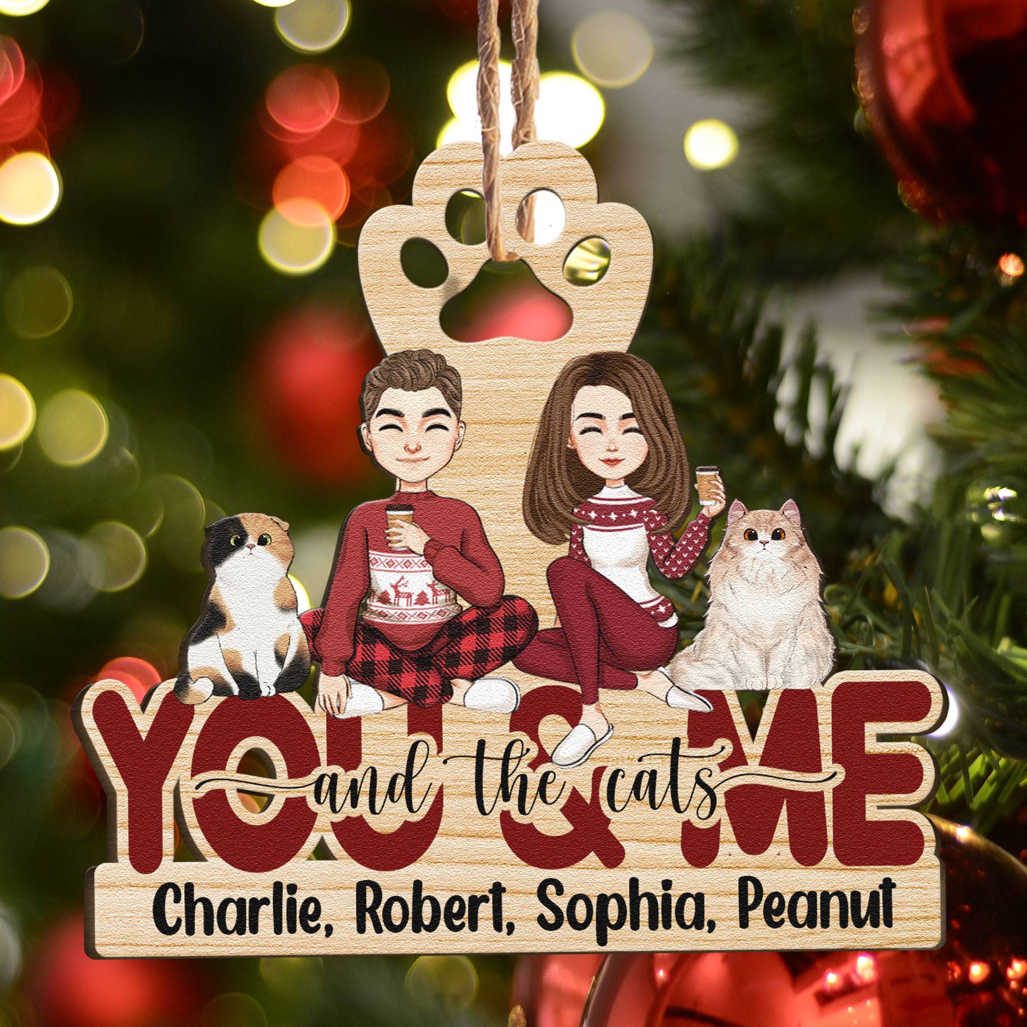 You & Me And The Cats - Personalized Custom Shaped Wooden Ornament