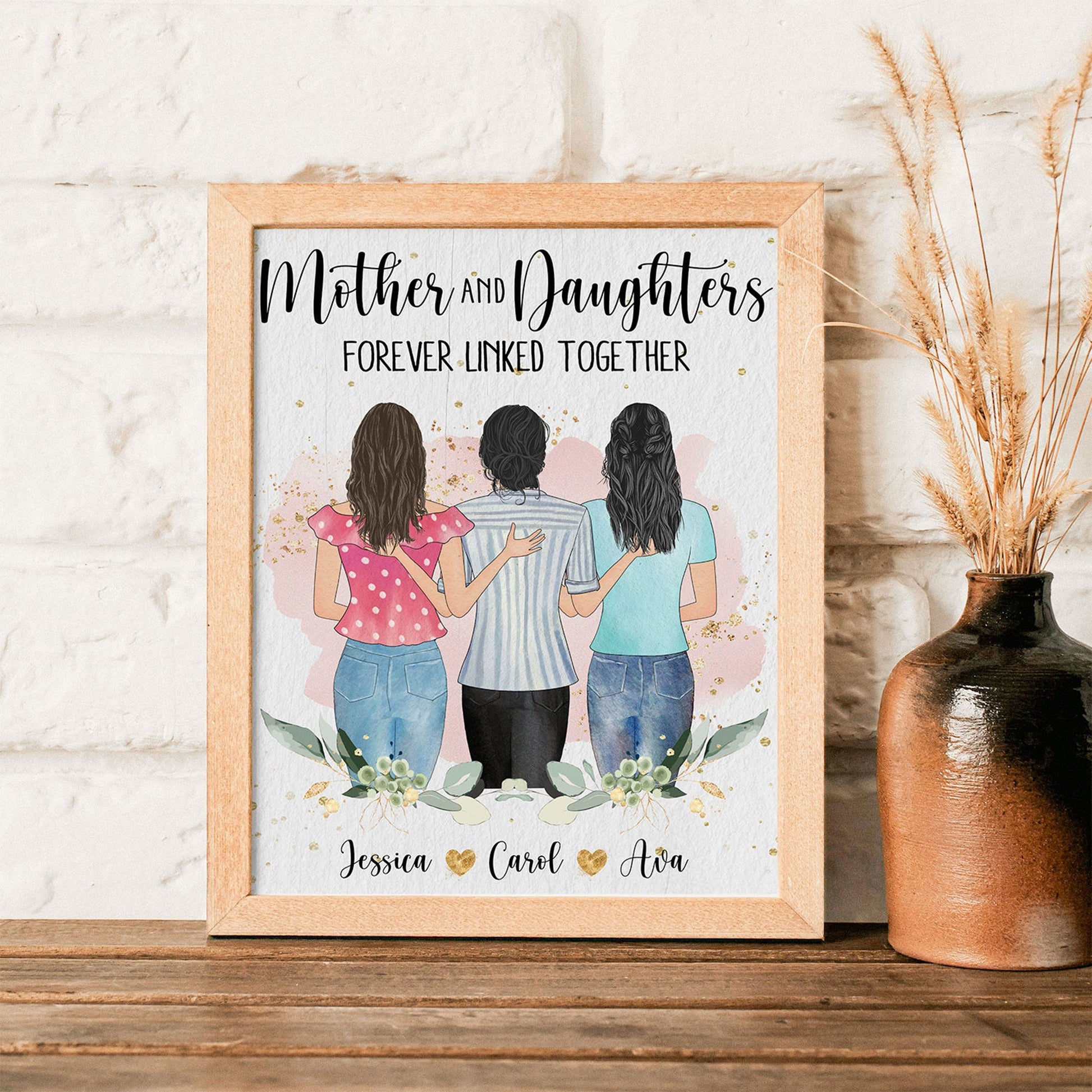 Mother And Daughters Forever Linked Together - Personalized Poster - Birthday Gift For Mothers, Grandmas, Daughters 
