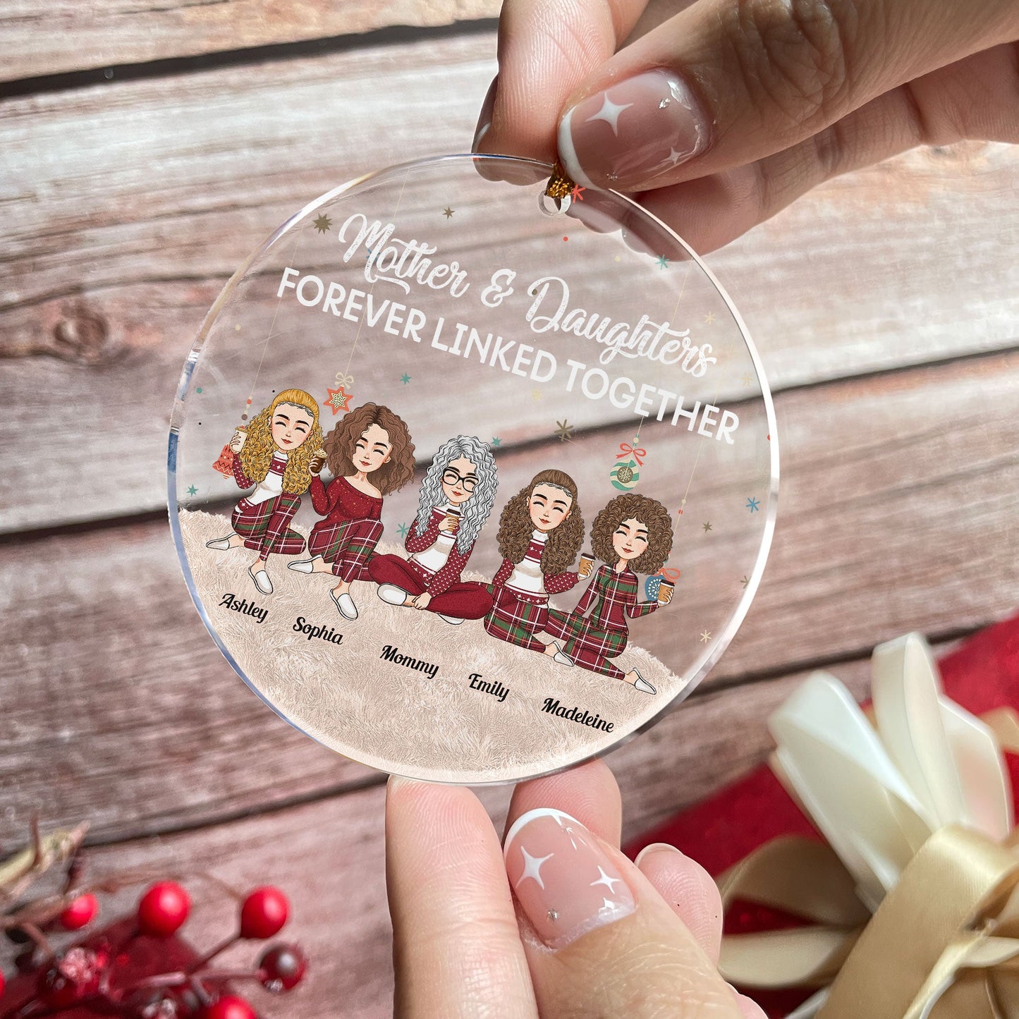 Mother & Daughters Forever Linked Together - Personalized Circle Acrylic Ornament - Christmas, New Year Gift For Mom, Daughters