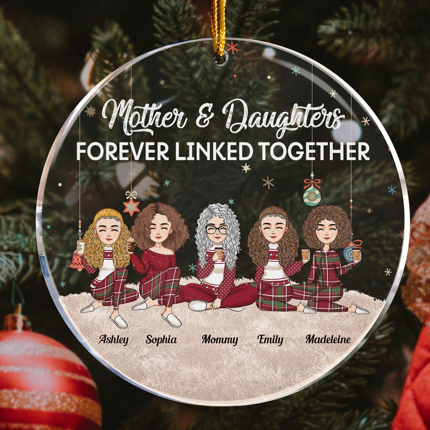 Mother & Daughters Forever Linked Together - Personalized Circle Acrylic Ornament - Christmas, New Year Gift For Mom, Daughters