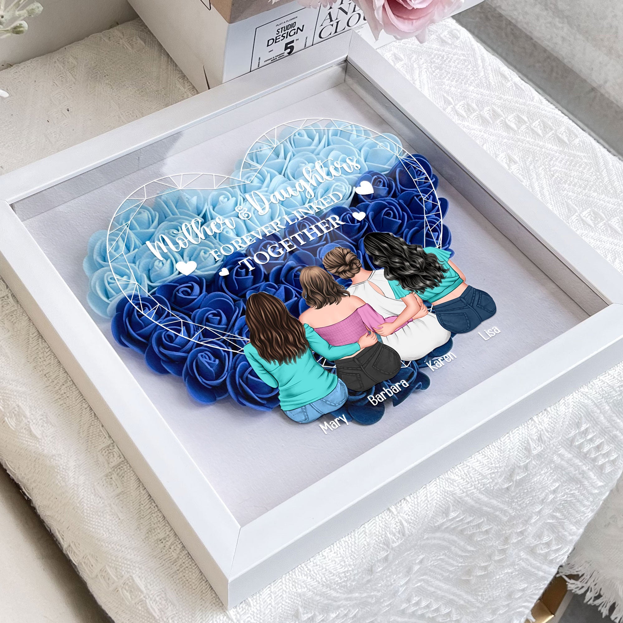Mother & Daughters Forever Linked Together - Personalized Flower Shadow Box