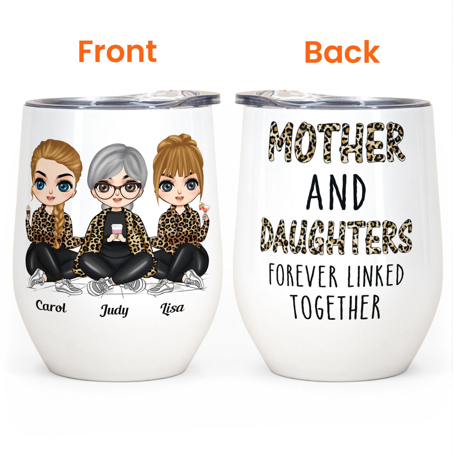 Mother & Daughters Forever Linked Together - Personalized Wine Tumbler - Birthday Gift For Mother, Mom, Daughter - Chibi Girls