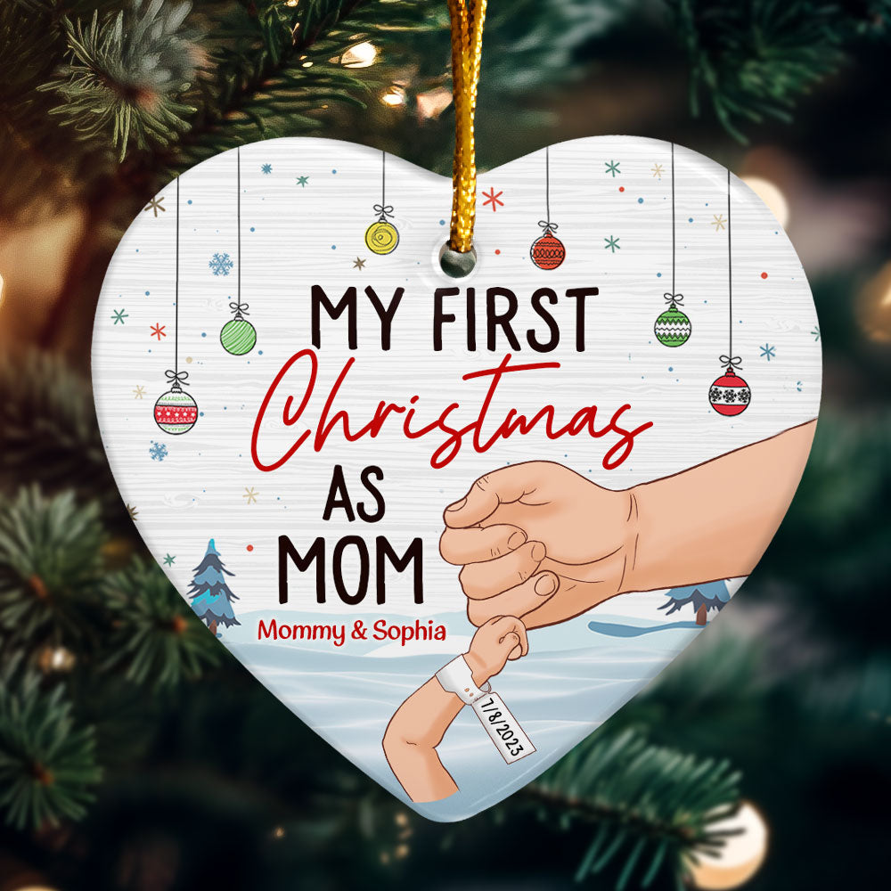 My First Christmas As Mom - Personalized Heart Shaped Ceramic Ornament