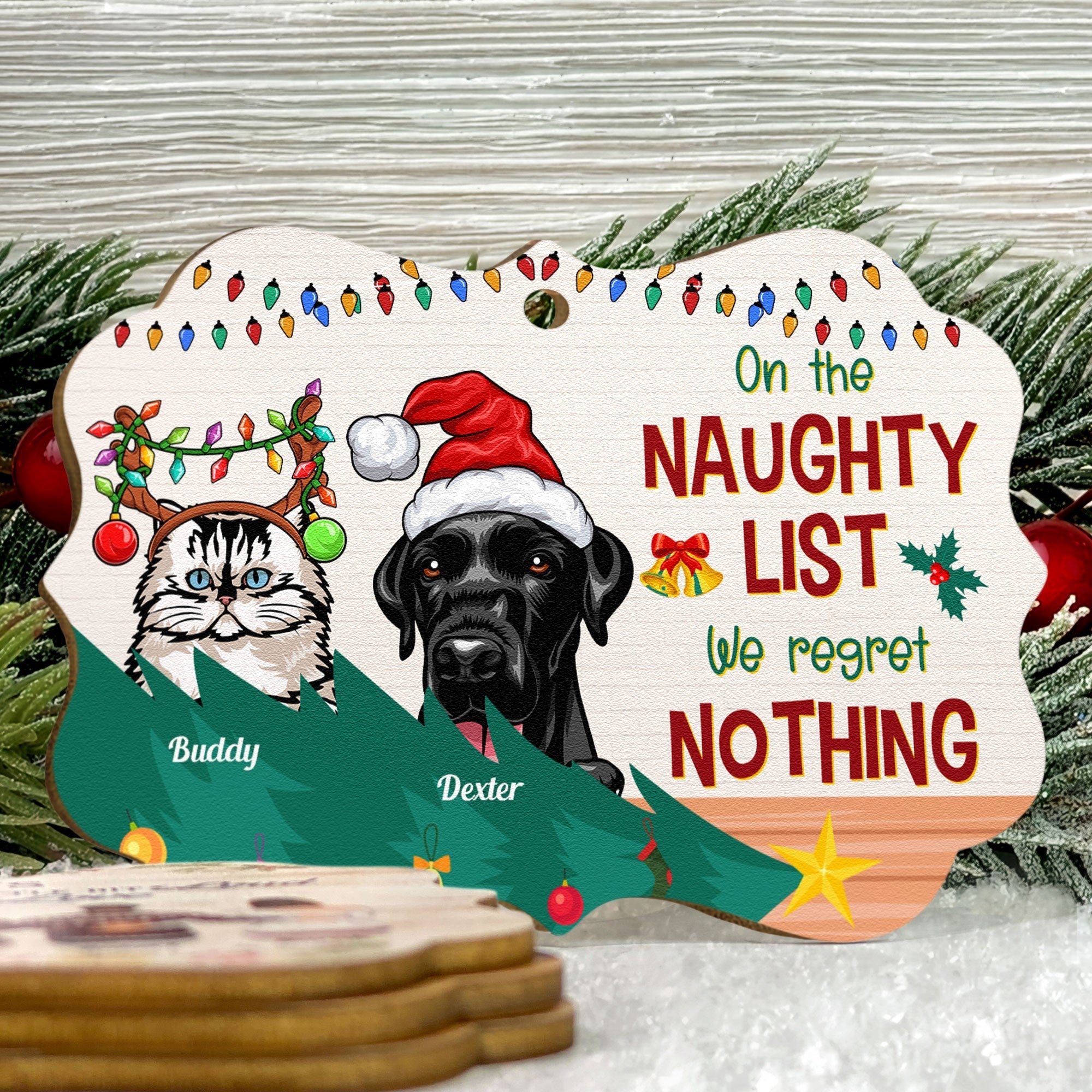 Naughty List & I Regret Nothing - Personalized Wooden Ornament