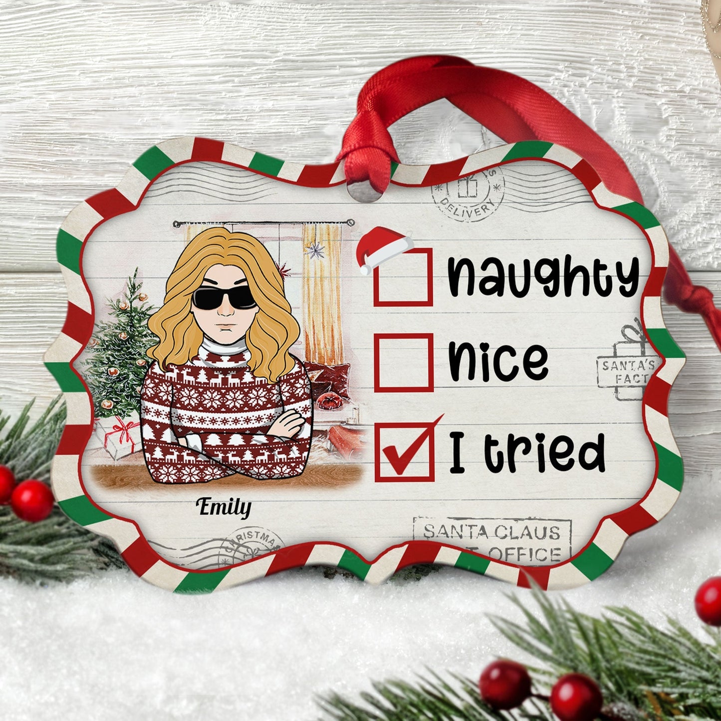 Naughty Nice I Tried - Personalized Aluminum Ornament - Christmas, New Year Gift For Family Members, Dad, Mom, Kids, Grandpa, Grandma