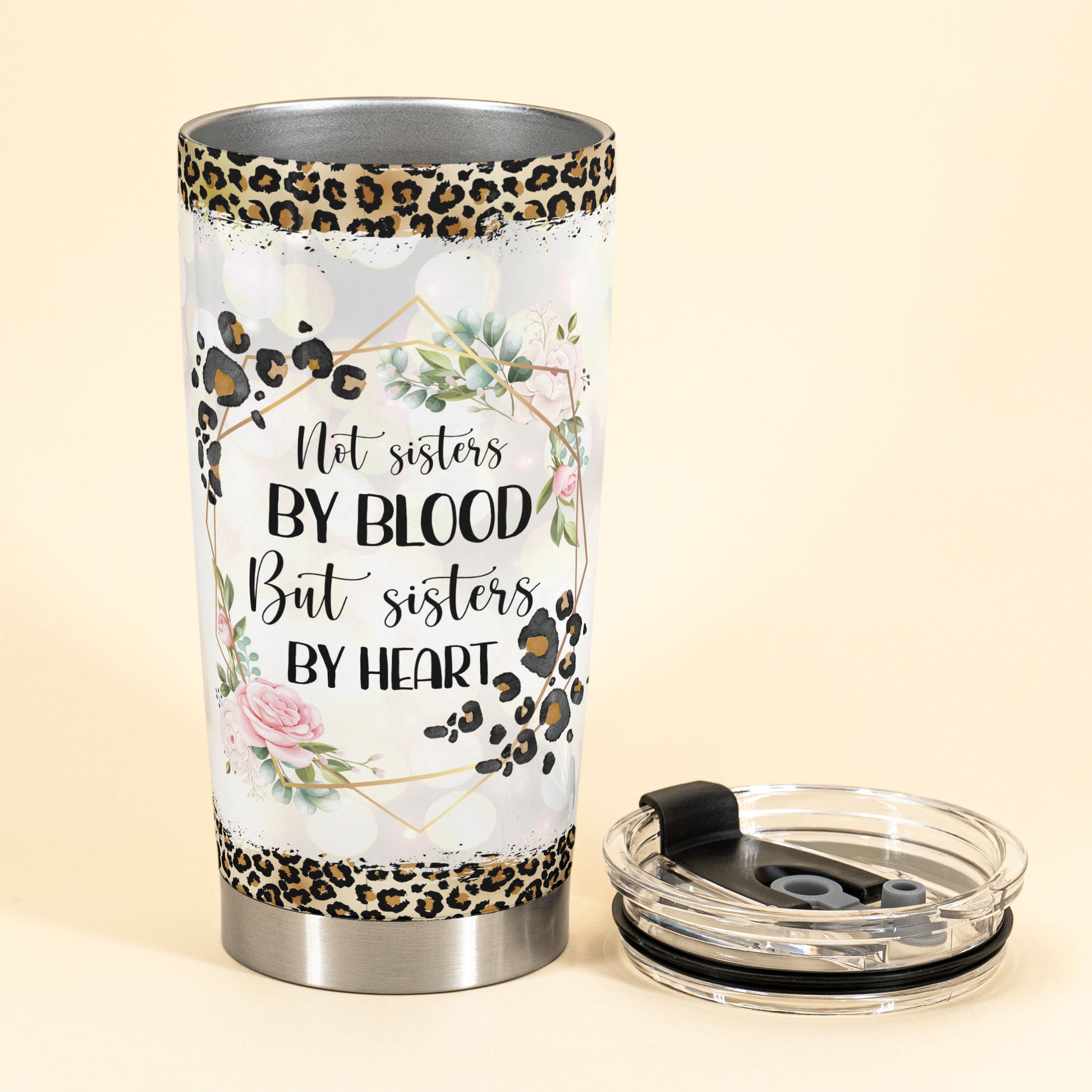 Not Sisters By Blood But Sisters By Heart Leopard Version - Personalized Tumbler Cup - Birthday Gift For Besties, Soul Sisters, Sistas