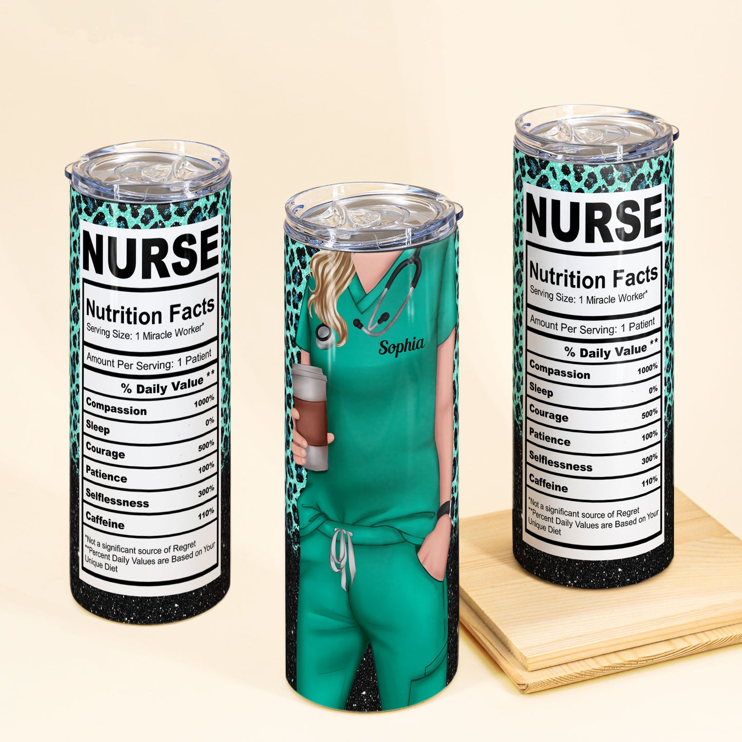 Nurse Life Nutrition Facts - Personalized Skinny Tumbler - Gift For Doctor & Nurse - Glitter Leopard Design