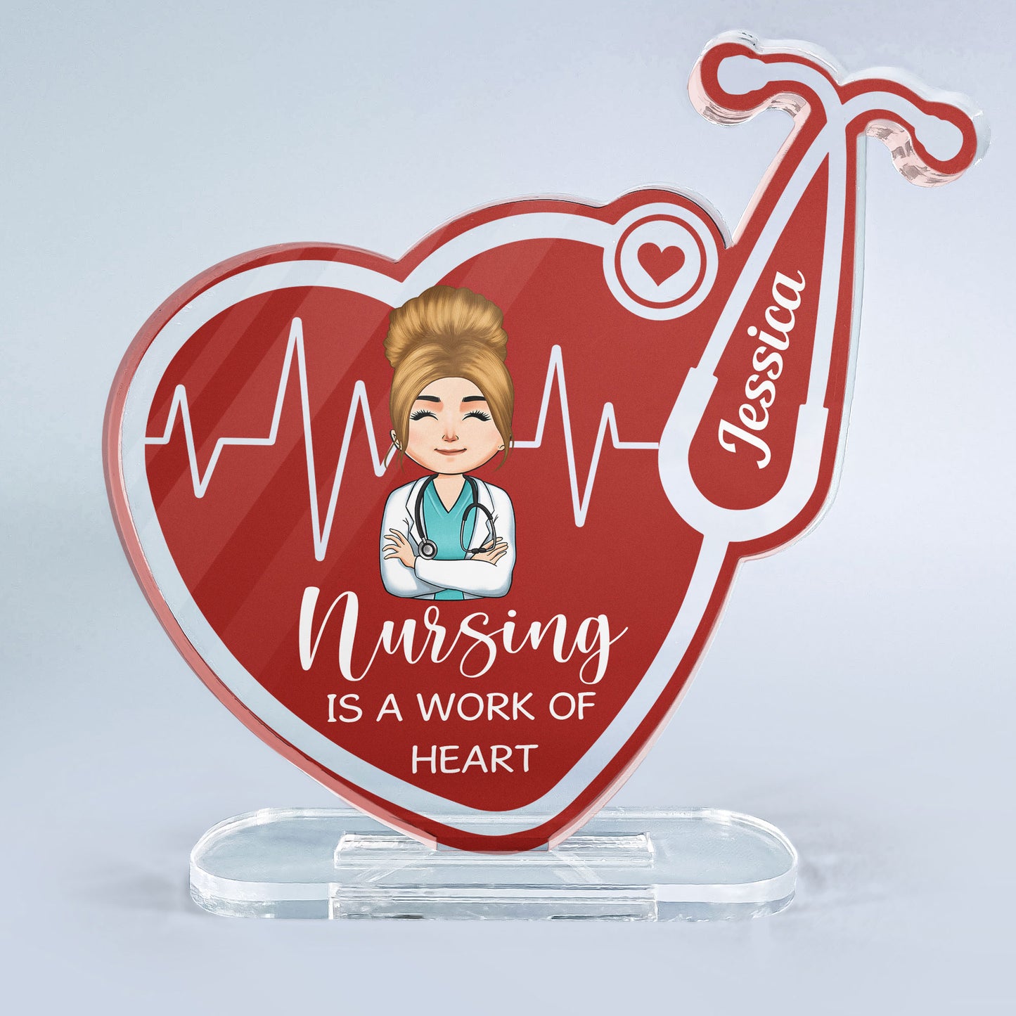 Nursing Is A Work Of Heart - Personalized Stethoscope Shaped Acrylic Plaque - Birthday Gift For Doctor, Nurse