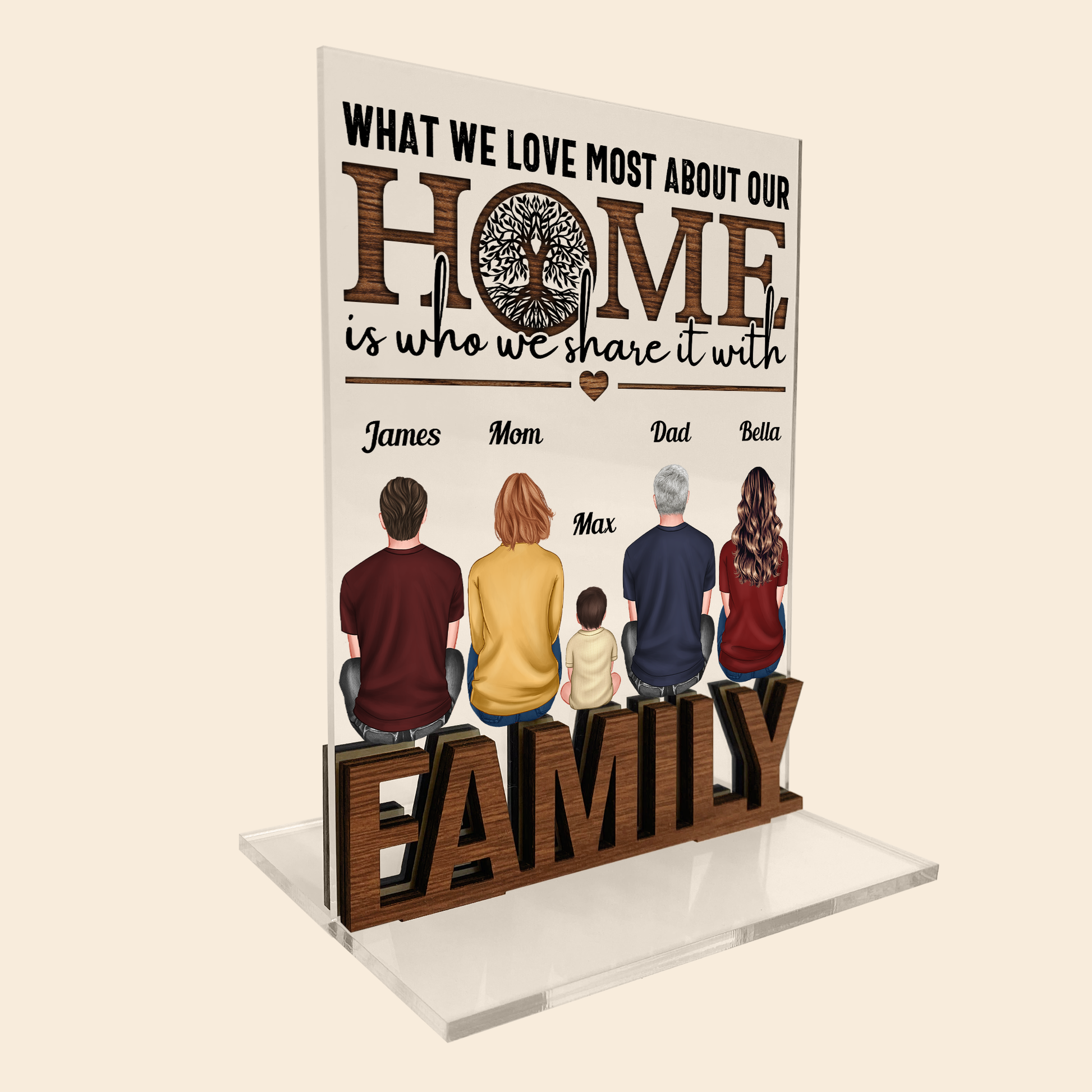 Our Home Is Who We Share It With - Personalized Acrylic Plaque With Standing Wood Letters - Birthday, Heartwarming Gift For Dad, Papa, Mom, Grandparents, Family Members