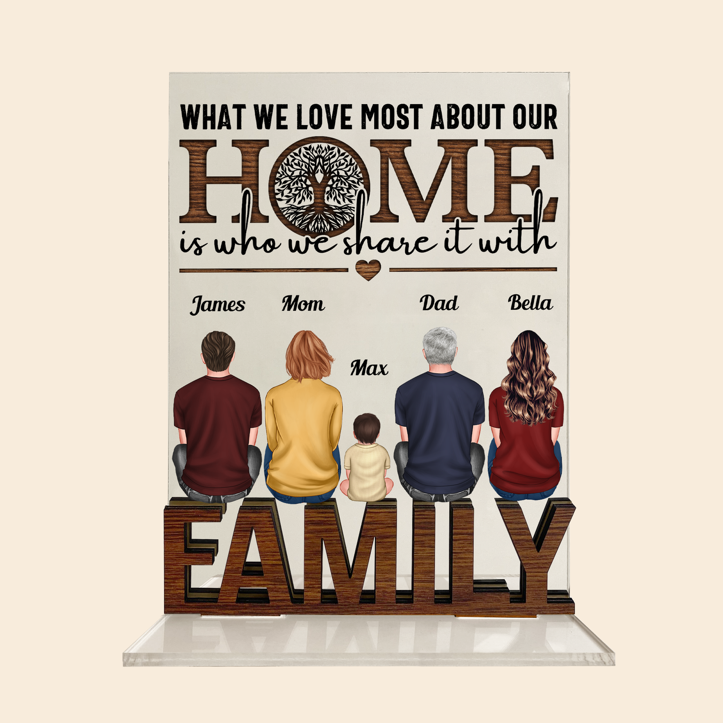 Our Home Is Who We Share It With - Personalized Acrylic Plaque With Standing Wood Letters - Birthday, Heartwarming Gift For Dad, Papa, Mom, Grandparents, Family Members