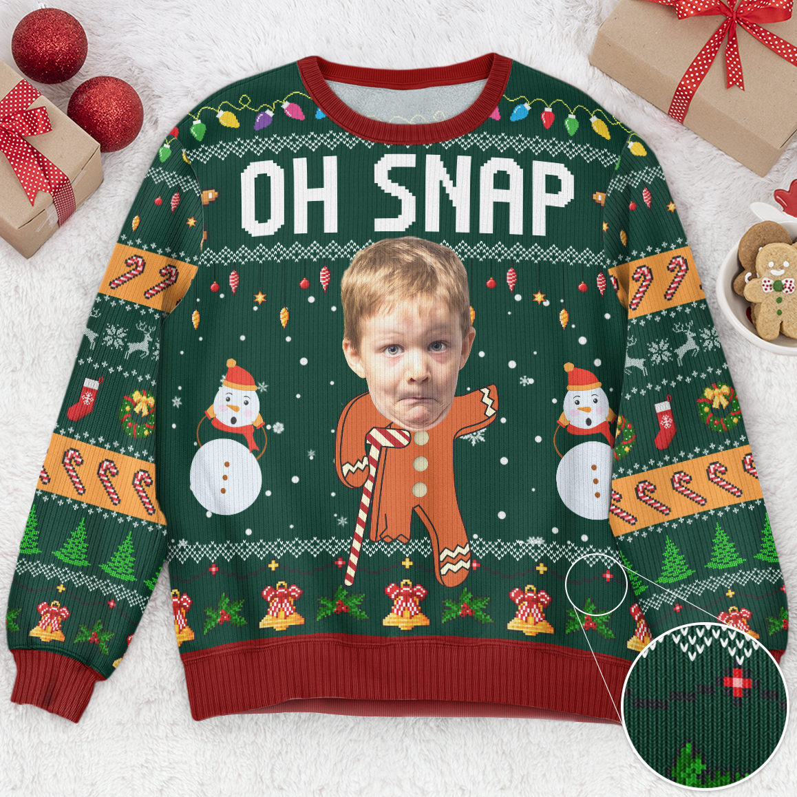 Oh Snap Gingerbread Face Photo - Personalized Photo Ugly Sweater