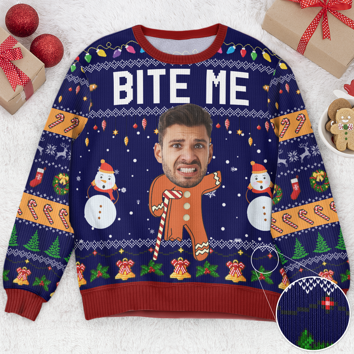 Oh Snap Gingerbread Face Photo - Personalized Photo Ugly Sweater