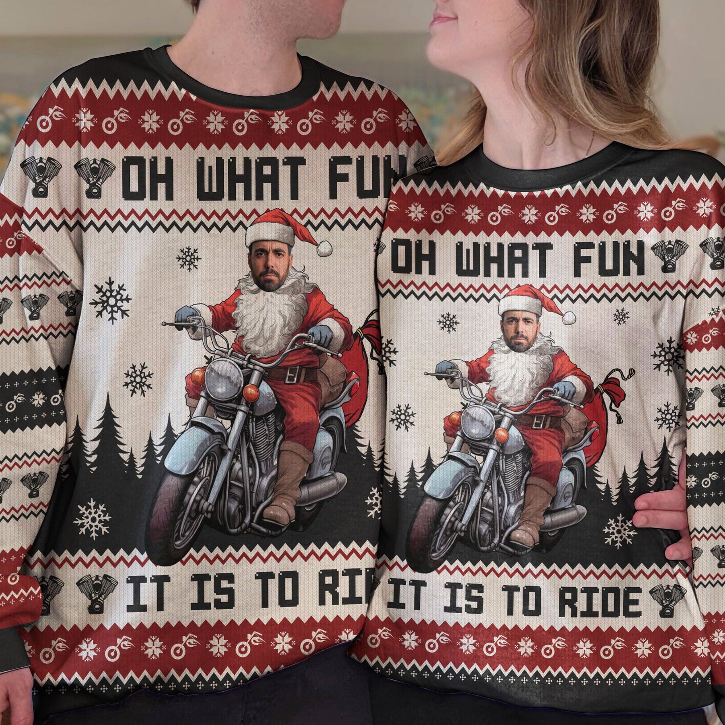 Oh What Fun It Is To Ride Santa Driving Motorcycles - Personalized Photo Ugly Sweater