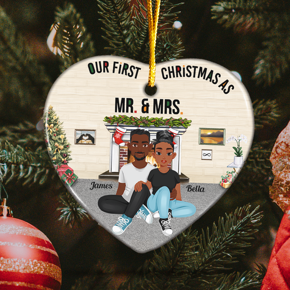 Our First Christmas Married As Mr. & Mrs. - Personalized Heart Shaped Ceramic Ornament