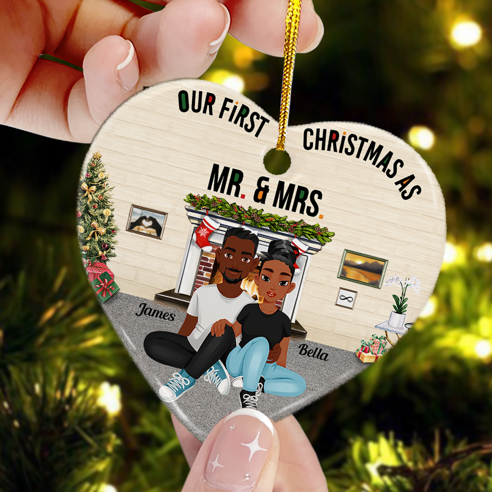 Our First Christmas Married As Mr. & Mrs. - Personalized Heart Shaped Ceramic Ornament