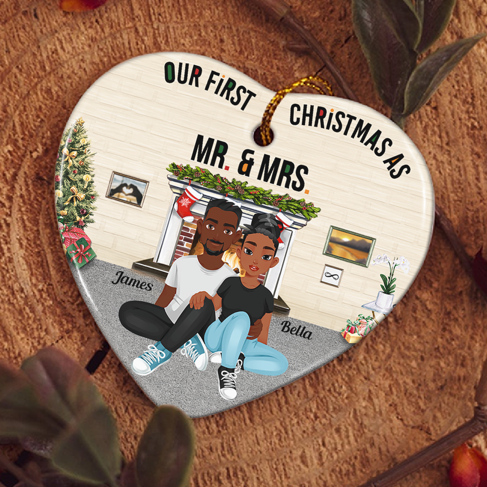 Our First Christmas Married As Mr. & Mrs. - Personalized Heart Shaped Ceramic Ornament