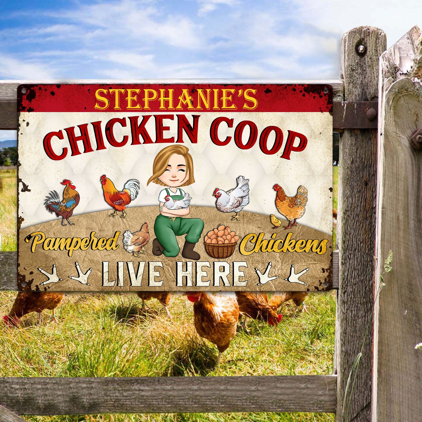 Pampered Chickens Live Here - Personalized Metal Sign - Chicken Coop Decoration, Funny Chicken, Farmhouse Decorations Gift For Chicken Lovers, Farmer