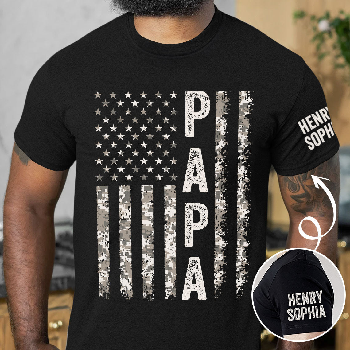 Papa With Names On Sleeves - Personalized Shirt