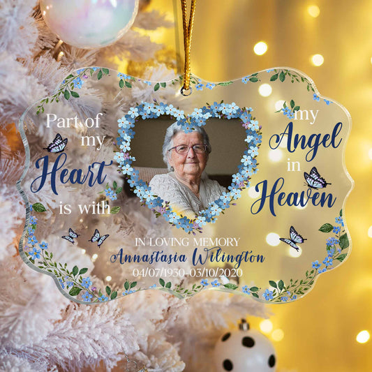 Part Of My Heart Is With My Angel - Personalized Acrylic Ornament - Christmas, Memorial Gift For Family Members, Remembrance Gift, Heartwarming Gift, Forget-Me-Not Flower